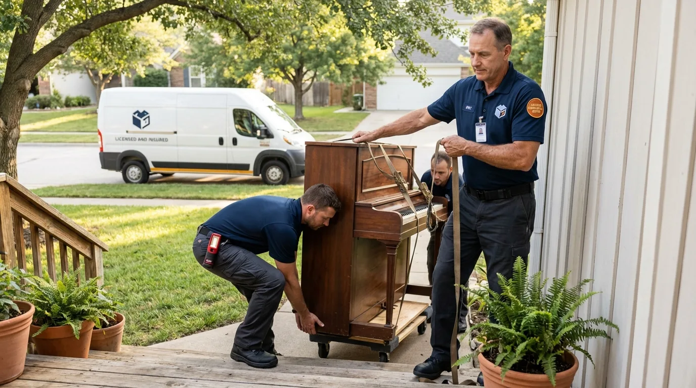 Licensed piano movers securing grand piano in Saint Louis, MI