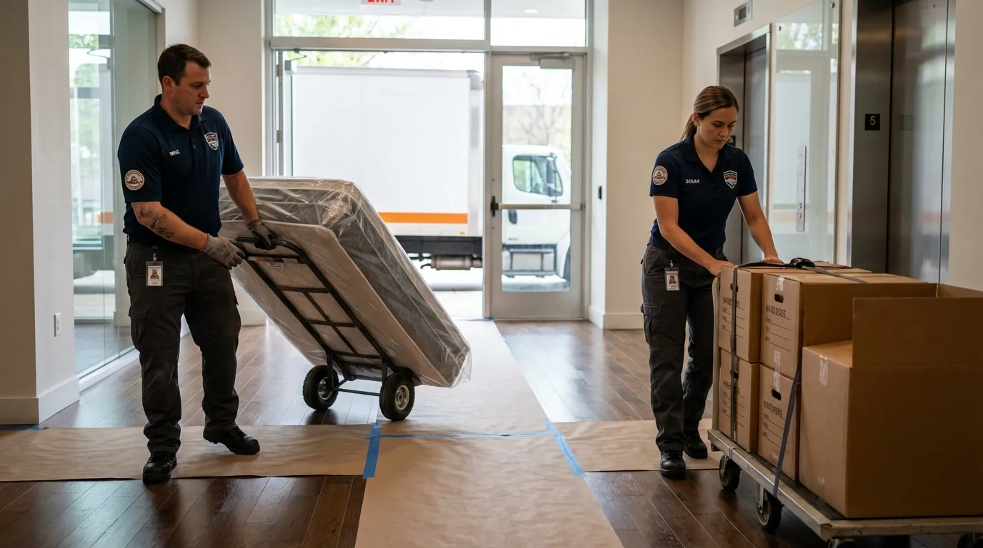 Professional apartment movers loading elevator in Saint Louis, MI
