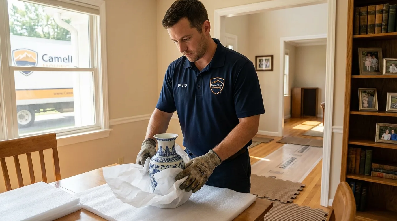 Professional crew carefully wrapping antique vase for senior downsizing move in Saint Louis, MI